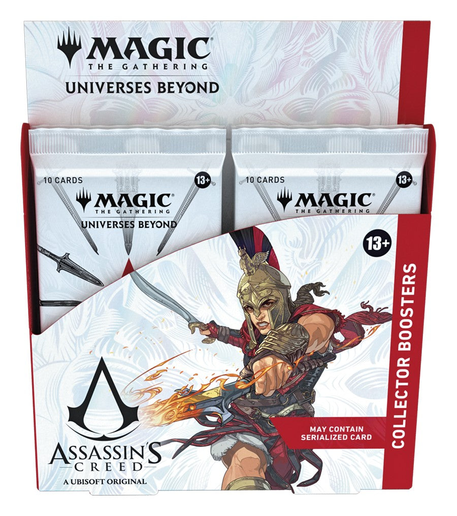 Magic: The Gathering - Assassin's Creed - Collector Booster Box - The Gathering Assassin’s Creed Collector Booster Box with fantasy warrior artwork, white and red packaging, showing sealed.