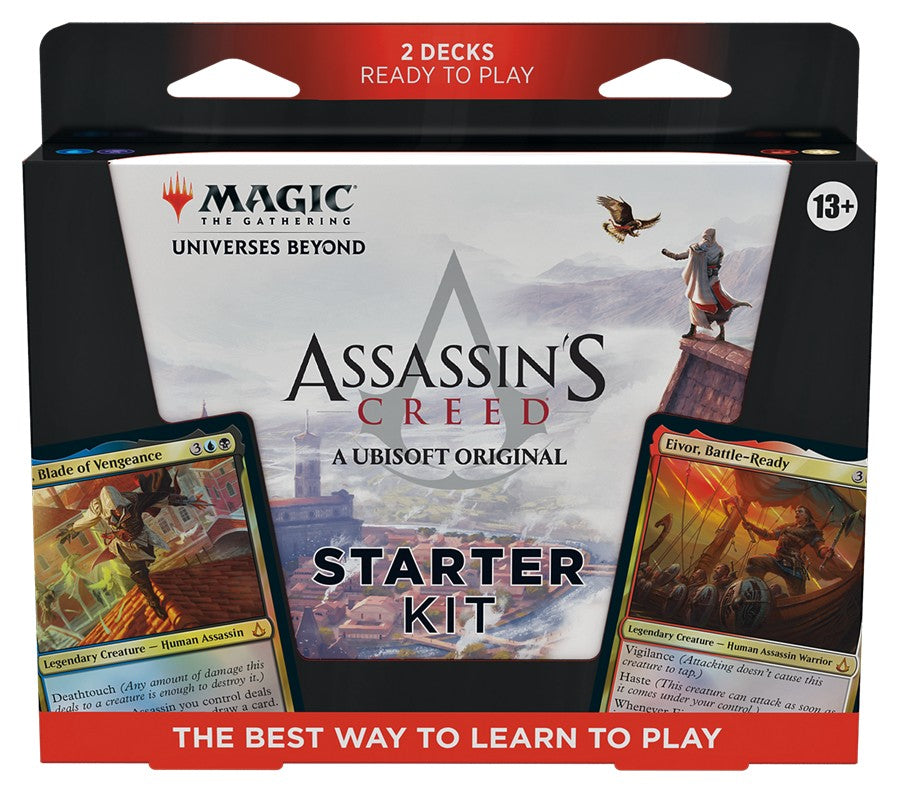 Magic: The Gathering - Assassin's Creed - Starter Kit - The Gathering Assassin's Creed Starter Kit packaging featuring two decks with fantasy artwork and a black, white, and red.