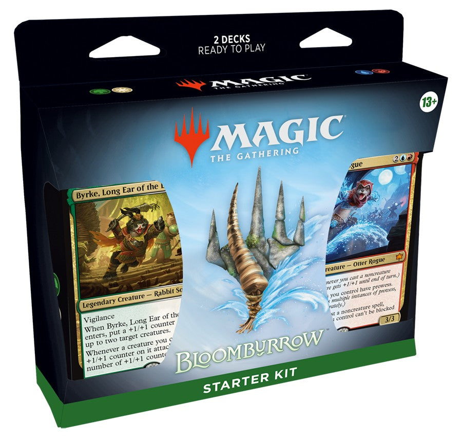Magic: The Gathering - Bloomburrow - Starter Kit - The Gathering Bloomburrow Starter Kit box featuring two colorful card decks with fantasy artwork, black packaging with green