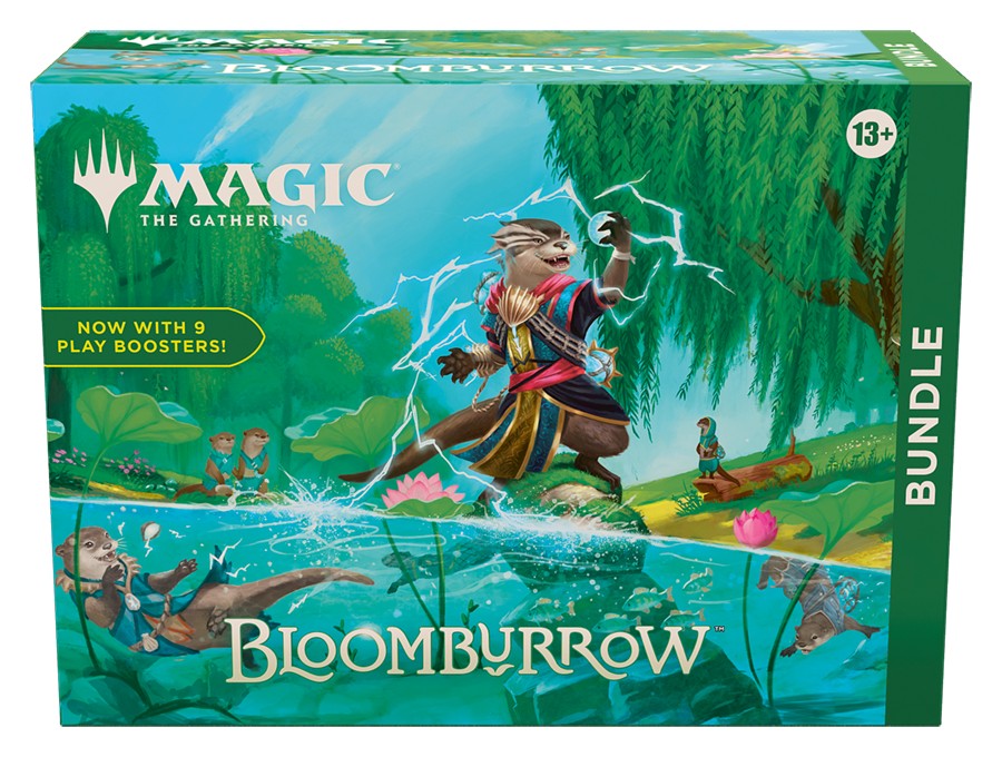 Magic: The Gathering - Bloomburrow - Bundle - The Gathering Bloomburrow bundle box featuring a small anthropomorphic animal wizard casting a spell near a stream.