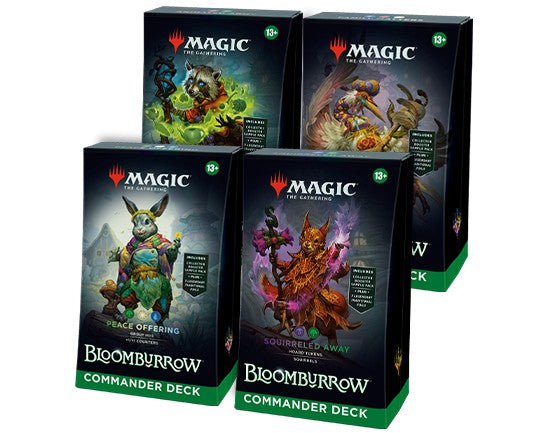 Magic: The Gathering - Bloomburrow Commander Deck 4-pack - The Gathering Bloomburrow Commander Deck boxes with vibrant fantasy artwork, each showing different colorful creature.