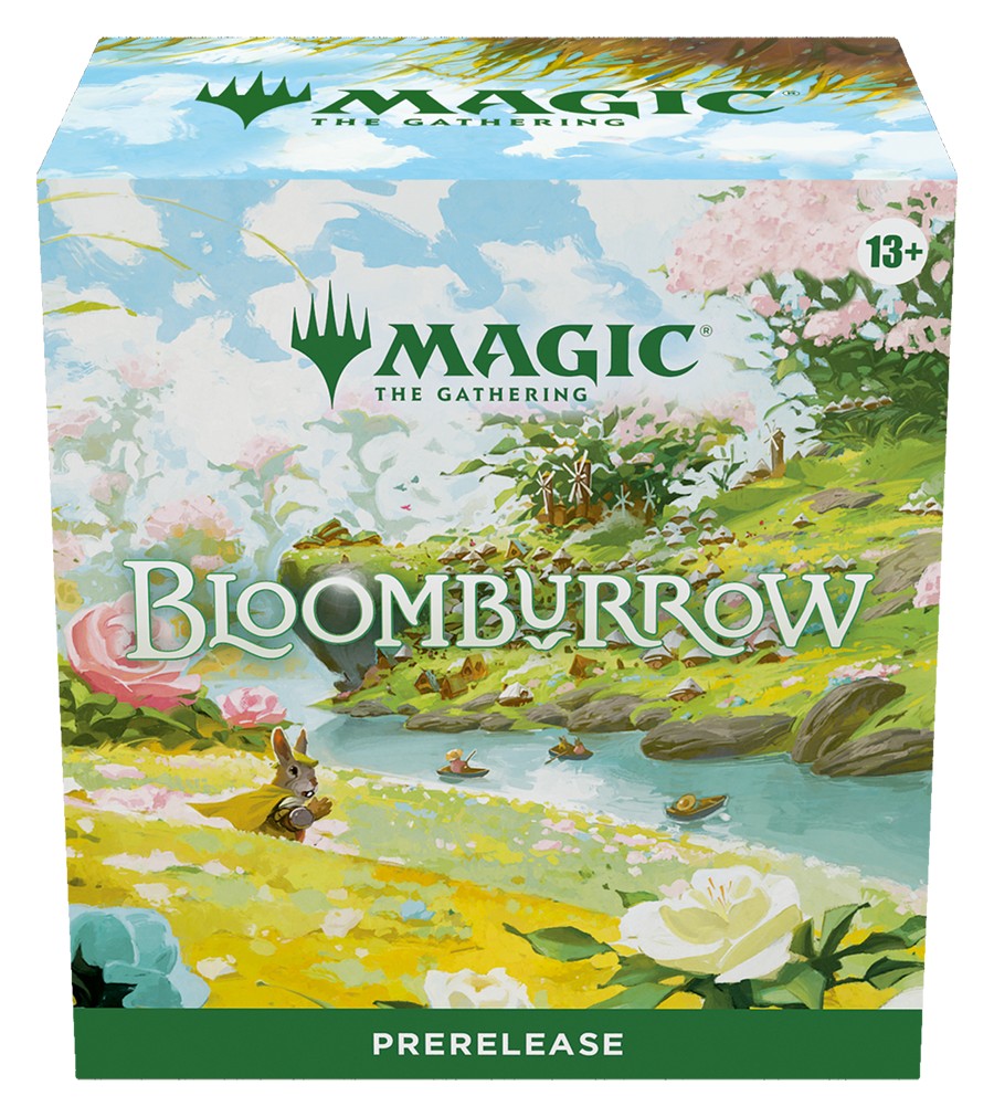 Magic: The Gathering - Bloomburrow - Prerelease Box - The Gathering Bloomburrow prerelease box with colorful fantasy landscape and floral artwork on a rectangular cardboard.
