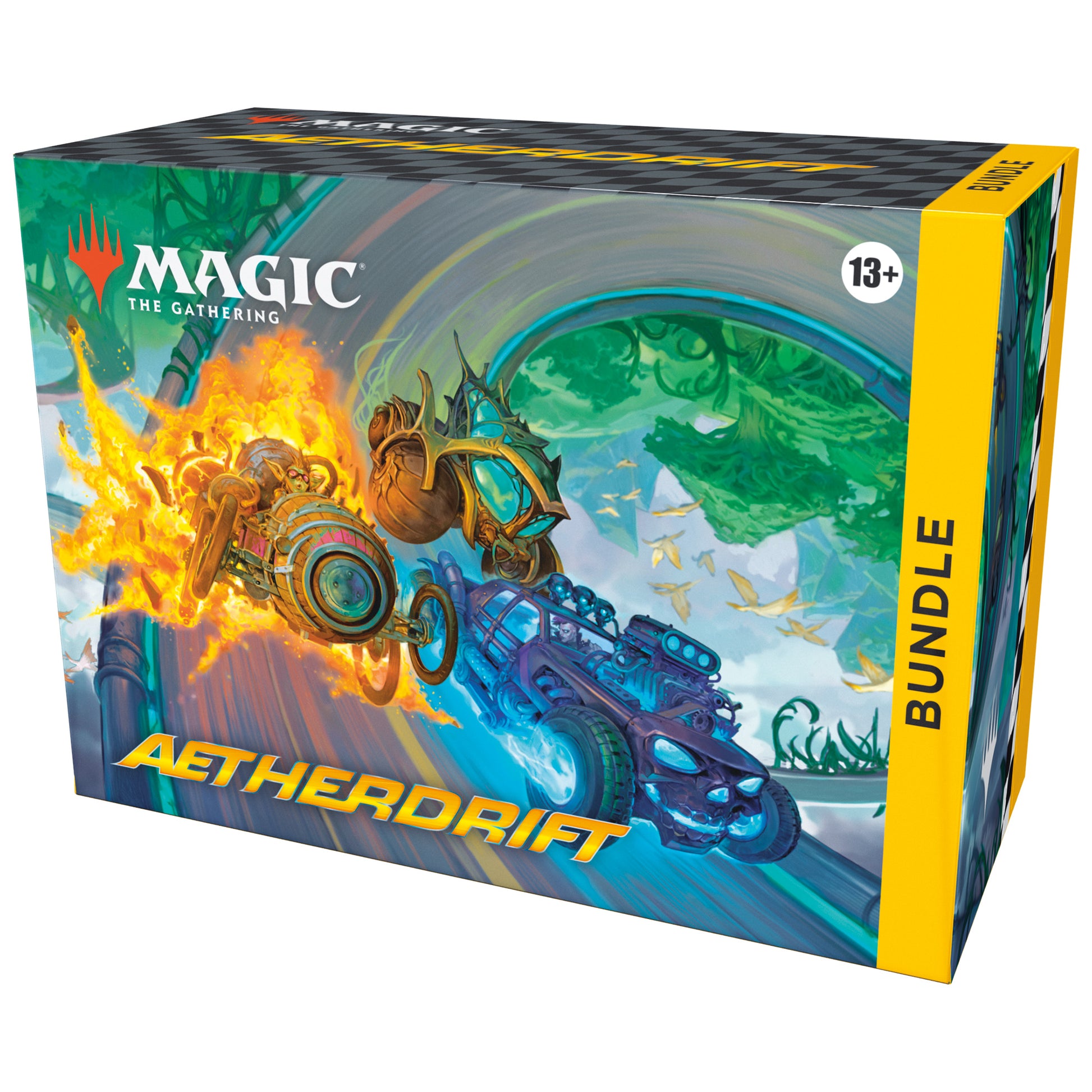 Magic: The Gathering - Aetherdrift Bundle - The Gathering Aetherdrift Bundle box with vibrant fantasy artwork of fiery and icy mechanical creatures in motion on a.