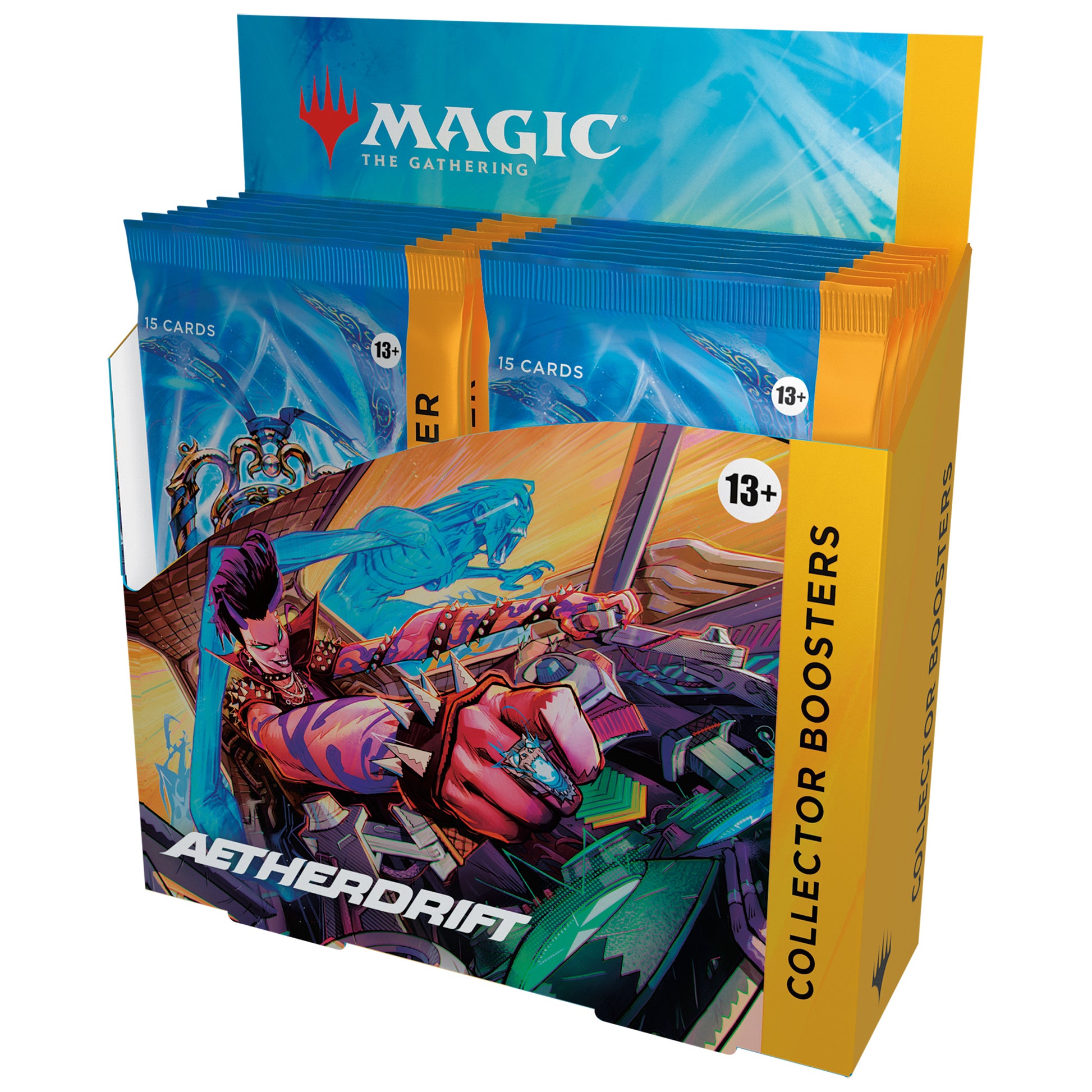 Magic: The Gathering - Aetherdrift Collector Booster Display - The Gathering Aetherdrift collector booster display box with fantasy artwork of a warrior and dragon on the front.