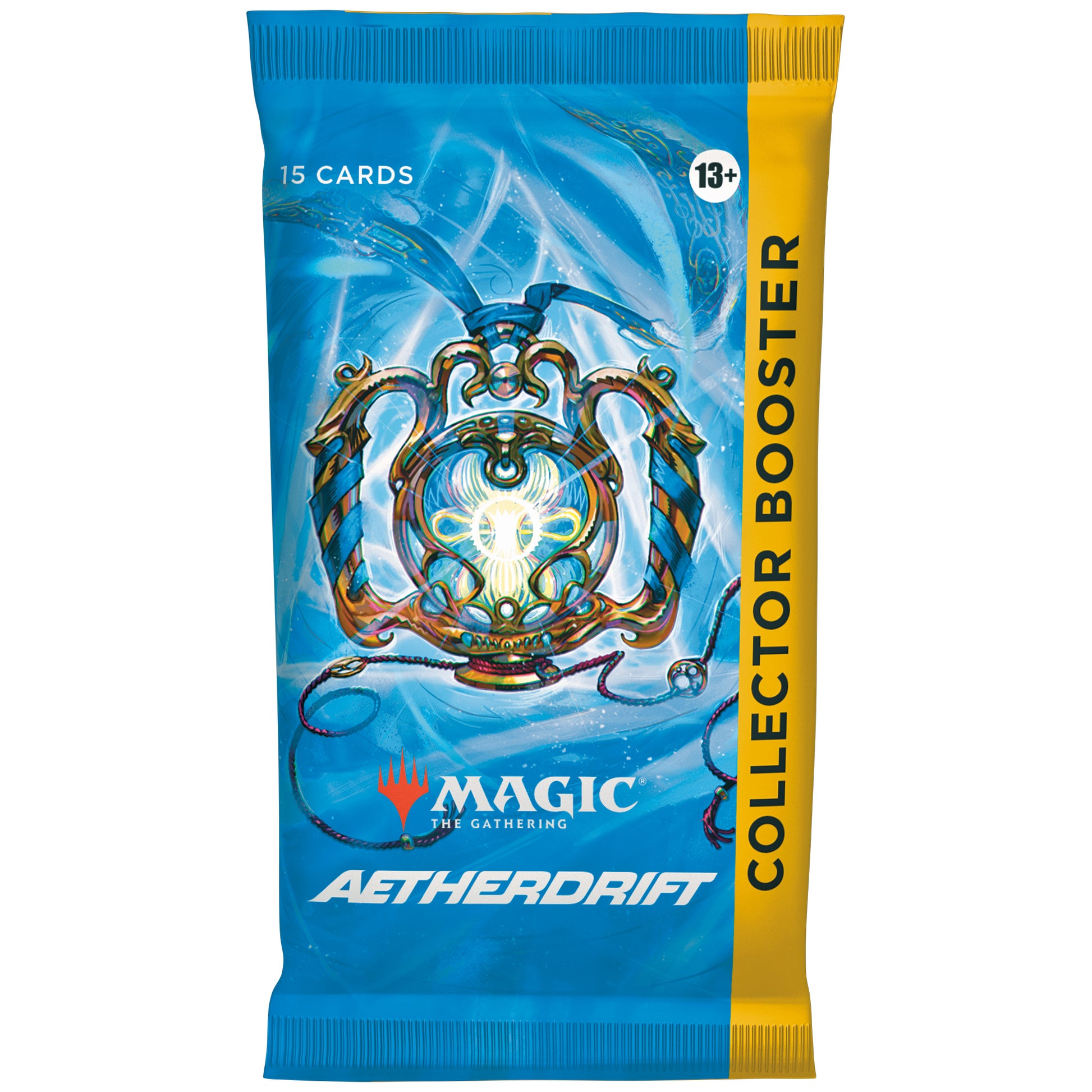 Magic: The Gathering - Aetherdrift Collector Booster Pack - The Gathering Aetherdrift Collector Booster pack with ornate magical design and text detailing 15 cards included.