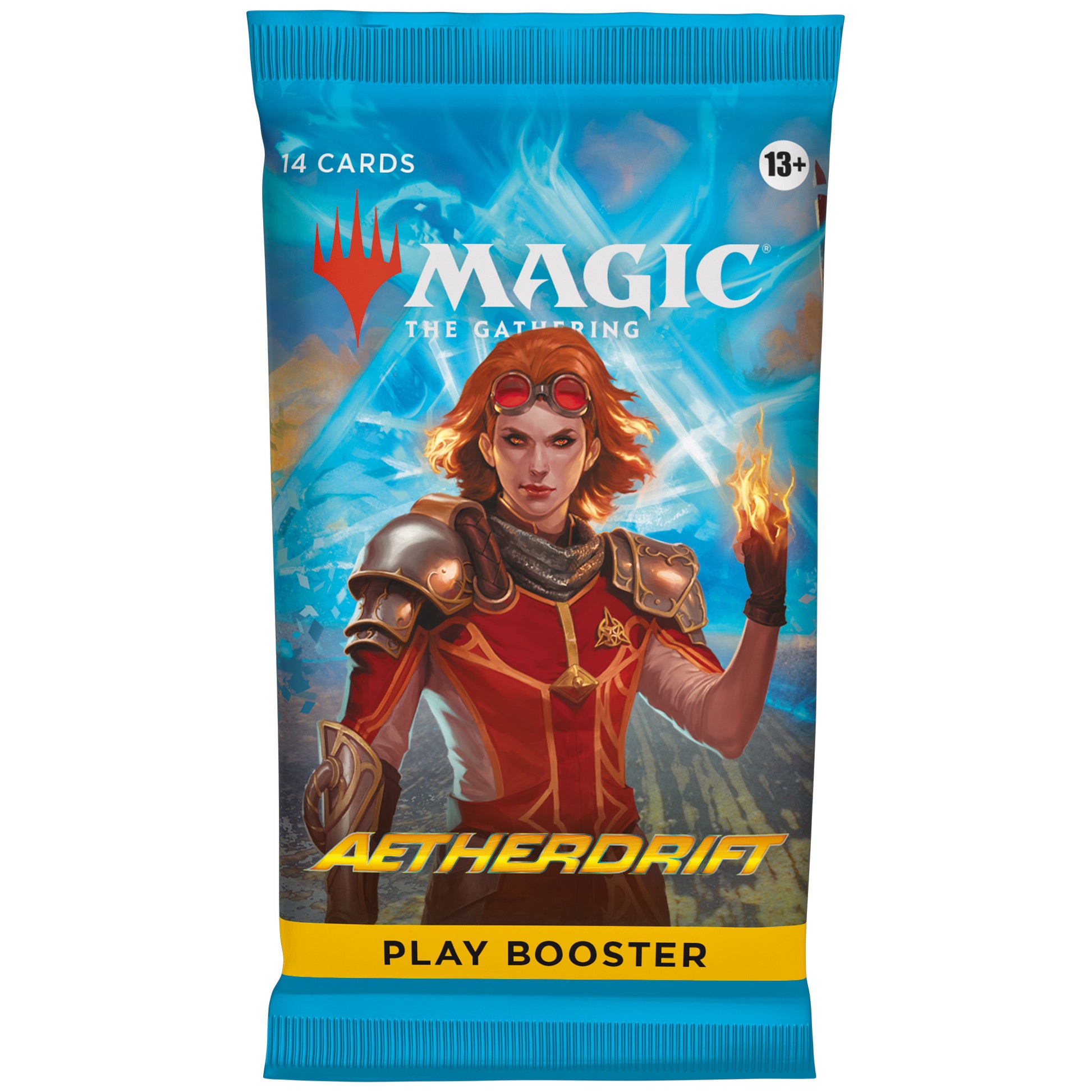 Magic: The Gathering - Aetherdrift Play Booster Pack - The Gathering Aetherdrift Play Booster Pack featuring a fiery red-haired warrior in armor on the front.
