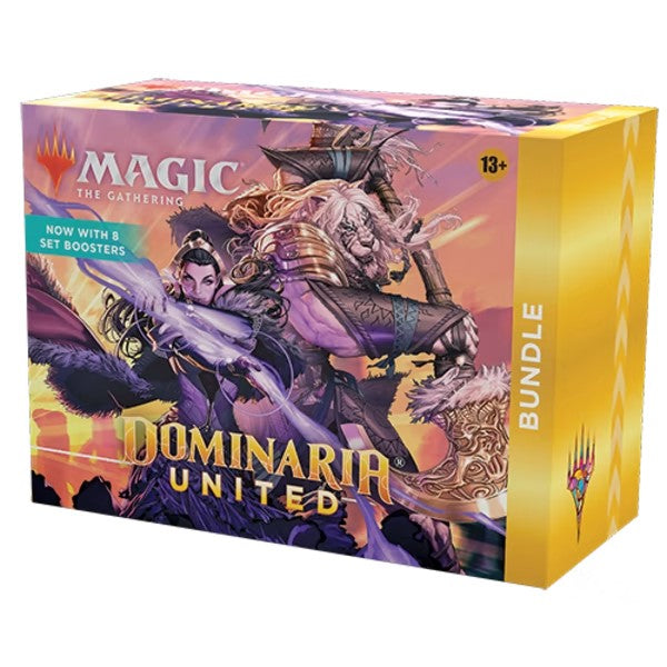 Magic: The Gathering - Dominaria United - Bundle - The Gathering Dominaria United Bundle box with vibrant fantasy artwork featuring a warrior and a horse, purple and gold.