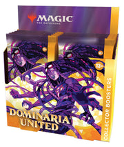 Magic: the Gathering - Dominaria United - Collector Booster Box - The Gathering Dominaria United collector booster packs in an open display box with fantasy character artwork.