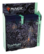 Magic: The Gathering - Duskmourn House of Horror Collector Booster Box - Dark purple and black collector booster box with intricate twisted, shadowy design and "Duskmourn House of Horror" text,.