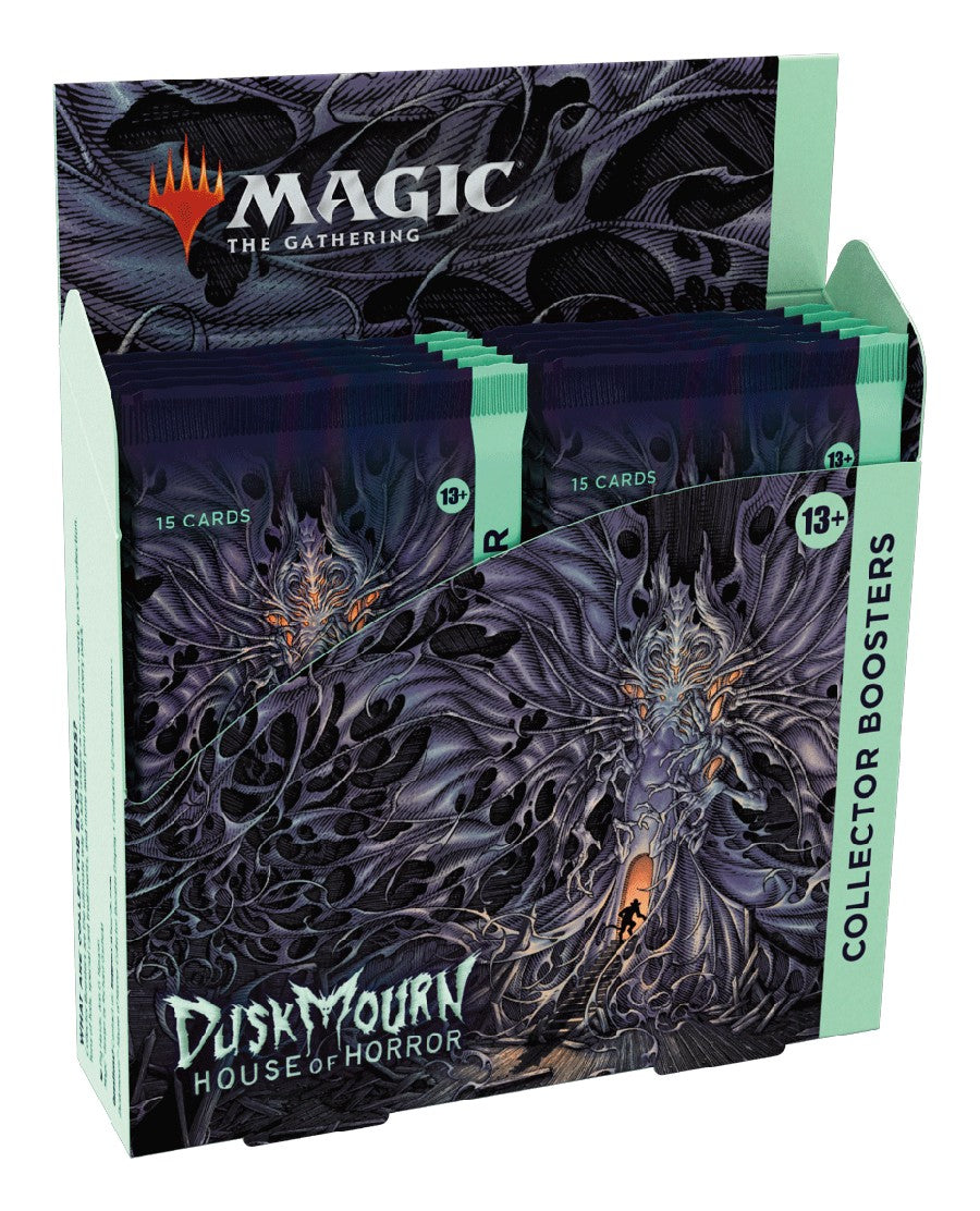 Magic: The Gathering - Duskmourn House of Horror Collector Booster Box - Dark purple and black collector booster box with intricate twisted, shadowy design and "Duskmourn House of Horror" text,.