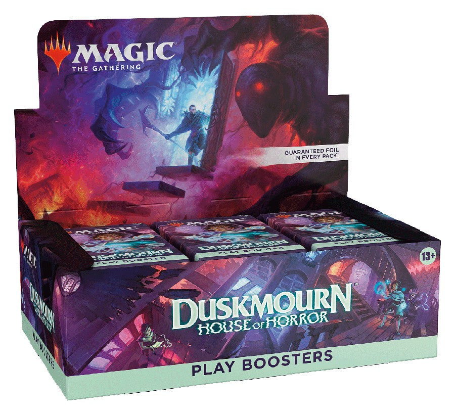 Magic: The Gathering - Duskmourn House of Horror Play Booster Box - The Gathering Duskmourn House of Horror play booster box with dark purple and teal fantasy artwork and multiple booster.