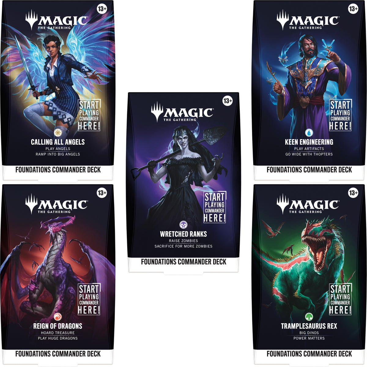 Magic: The Gathering - Foundations Commander Deck 5-Pack (PREORDER) - The Gathering Foundations Commander Deck boxes featuring vibrant fantasy artwork of a winged angel, armored warrior, dragon,