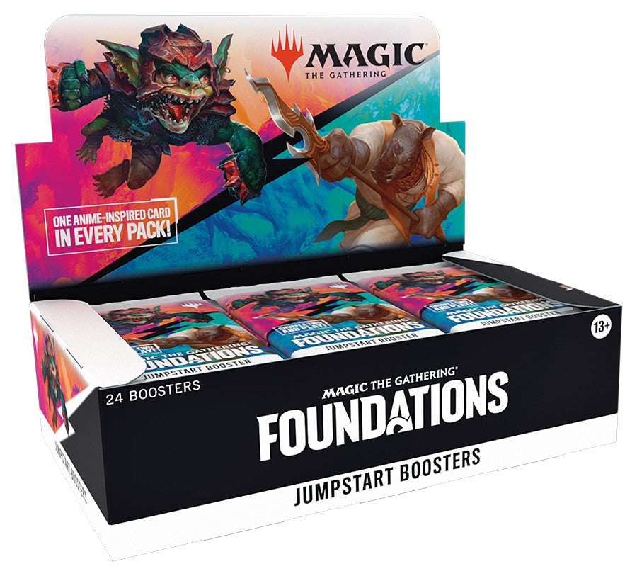 Magic: The Gathering - Foundations Jumpstart Booster Box - The Gathering Foundations Jumpstart Booster box with colorful fantasy creature artwork and 24 individual booster packs.