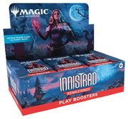 Magic the Gathering: Innistrad Remastered Play Booster Box - Blue and red cardboard booster box with gothic artwork featuring a female vampire under a full moon, labeled Innistrad.