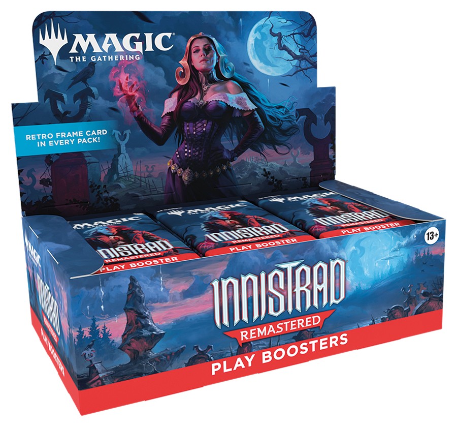 Magic the Gathering: Innistrad Remastered Play Booster Box - Blue and red cardboard booster box with gothic artwork featuring a female vampire under a full moon, labeled Innistrad.