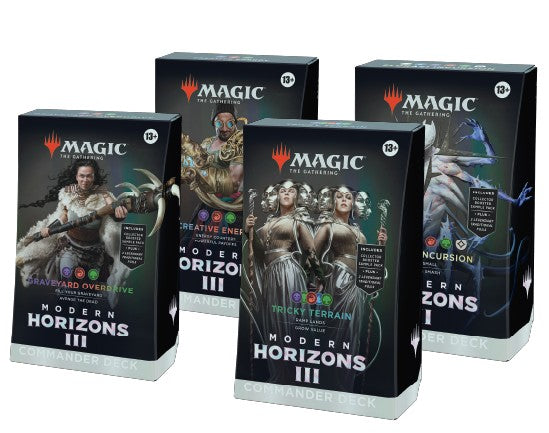 Magic: The Gathering - Modern Horizons 3 Commander 4 Count - The Gathering Modern Horizons 3 Commander 4 Count booster boxes featuring distinct fantasy-themed artwork and dark, dramatic