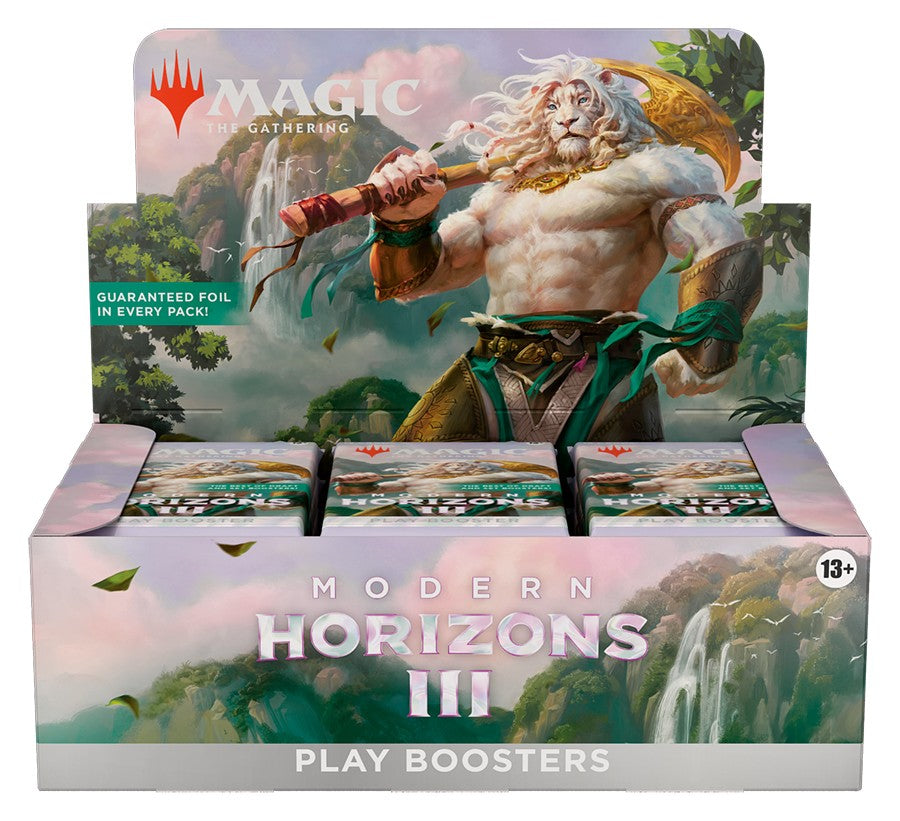 Magic: The Gathering - Modern Horizons 3 Play Booster Box - The Gathering Modern Horizons 3 Play Boosters with illustrated fantasy warrior artwork and pastel green and pink tones.