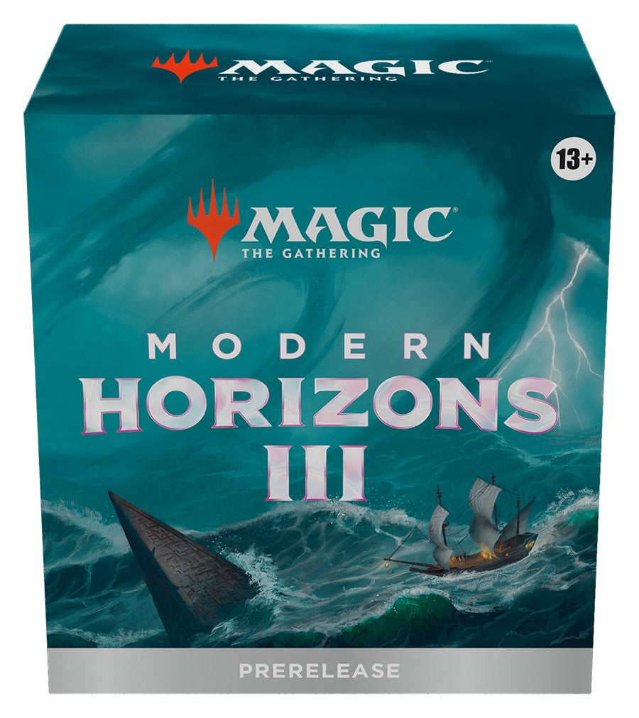 Magic: The Gathering - Modern Horizons 3 Prerelease Pack - The Gathering Modern Horizons III Prerelease Pack box with teal ocean wave artwork and a small ship sailing near a large.