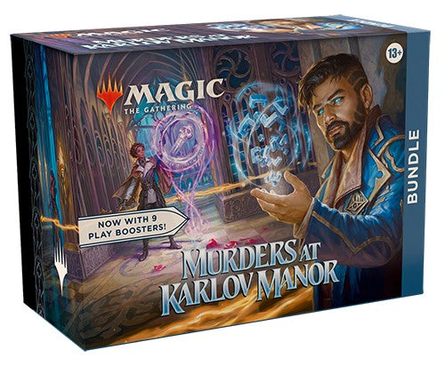 Magic: The Gathering - Murders at Karlov Manor Bundle - The Gathering Murders at Karlov Manor bundle box with fantasy artwork featuring a wizard casting blue magic spells, dark.