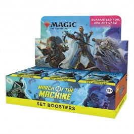 Magic: The Gathering - March of the Machine - Set Booster Box - The Gathering March of the Machine set booster box with colorful fantasy artwork and yellow base panel.