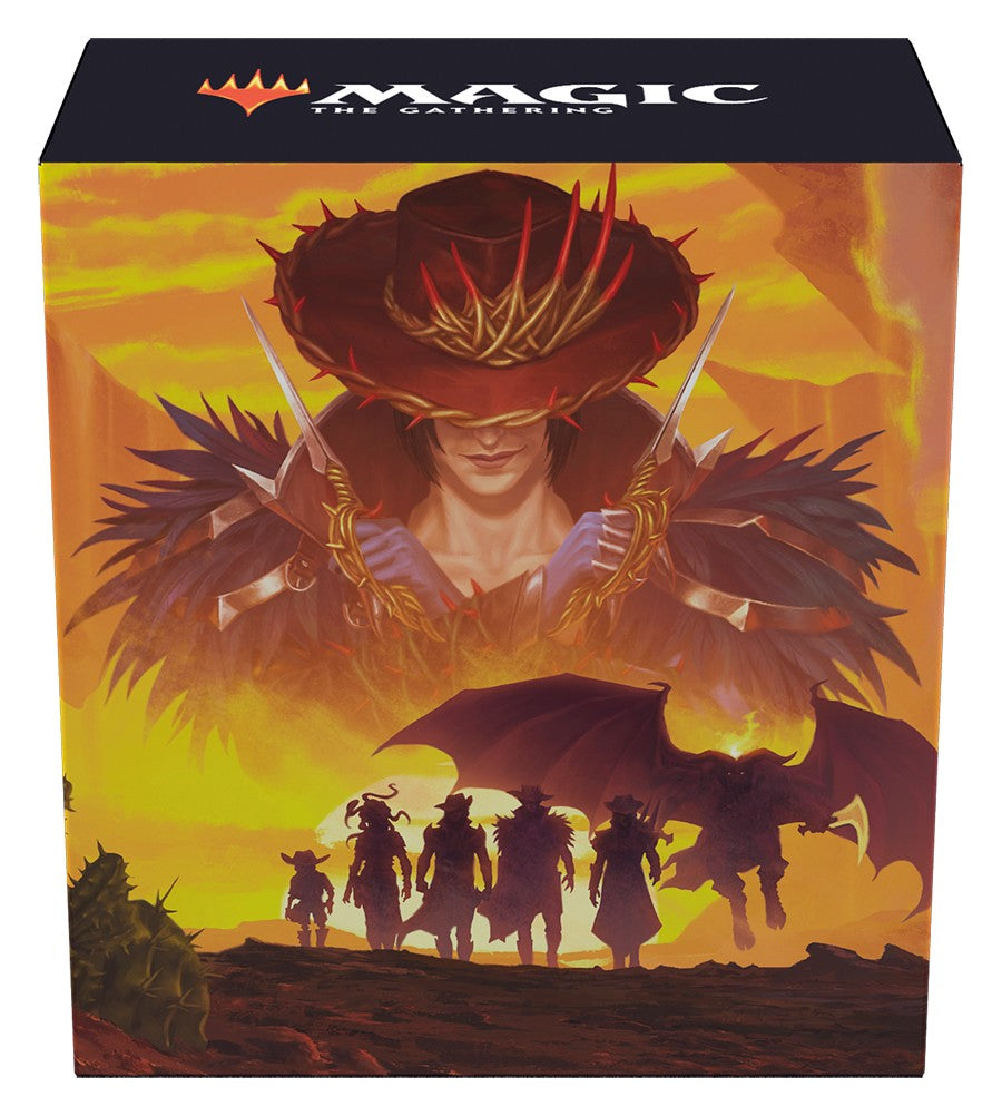 Magic: The Gathering - Outlaws of Thunder Junction Prerelease Pack - The Gathering prerelease pack box with fiery sunset background, outlaw silhouettes, and a cloaked figure wearing a large.