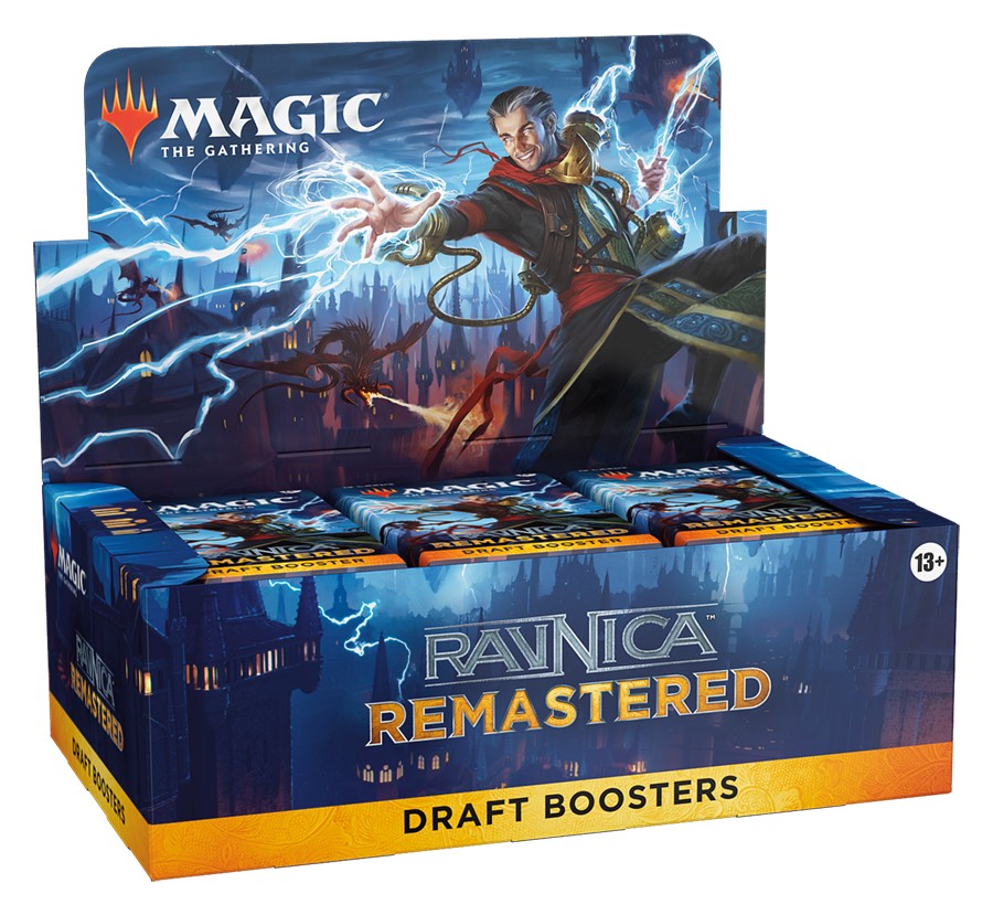 Magic: The Gathering - Ravnica Remastered Draft Booster Box - The Gathering Ravnica Remastered Draft Booster Box with fantasy artwork of a mage casting lightning spells.