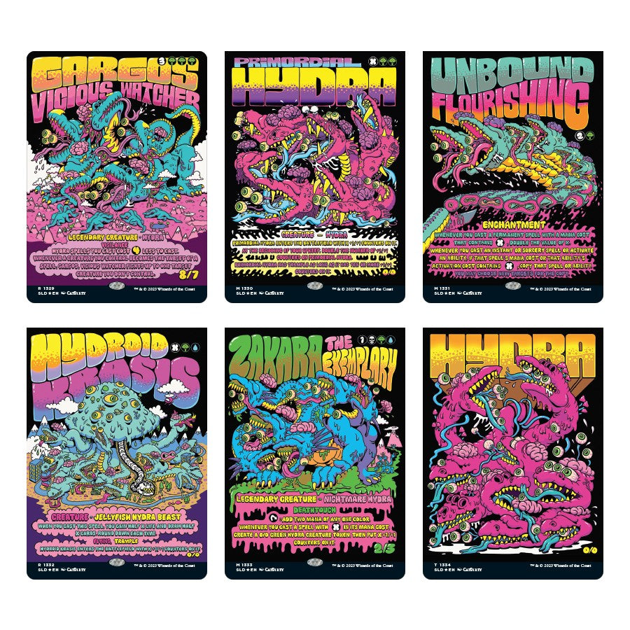 Magic: The Gathering - Secret Lair - Calling All Hydra Heads WPN Exclusive - The Gathering card sleeves featuring colorful, psychedelic hydra creature artwork with neon text and dynamic fantasy designs.