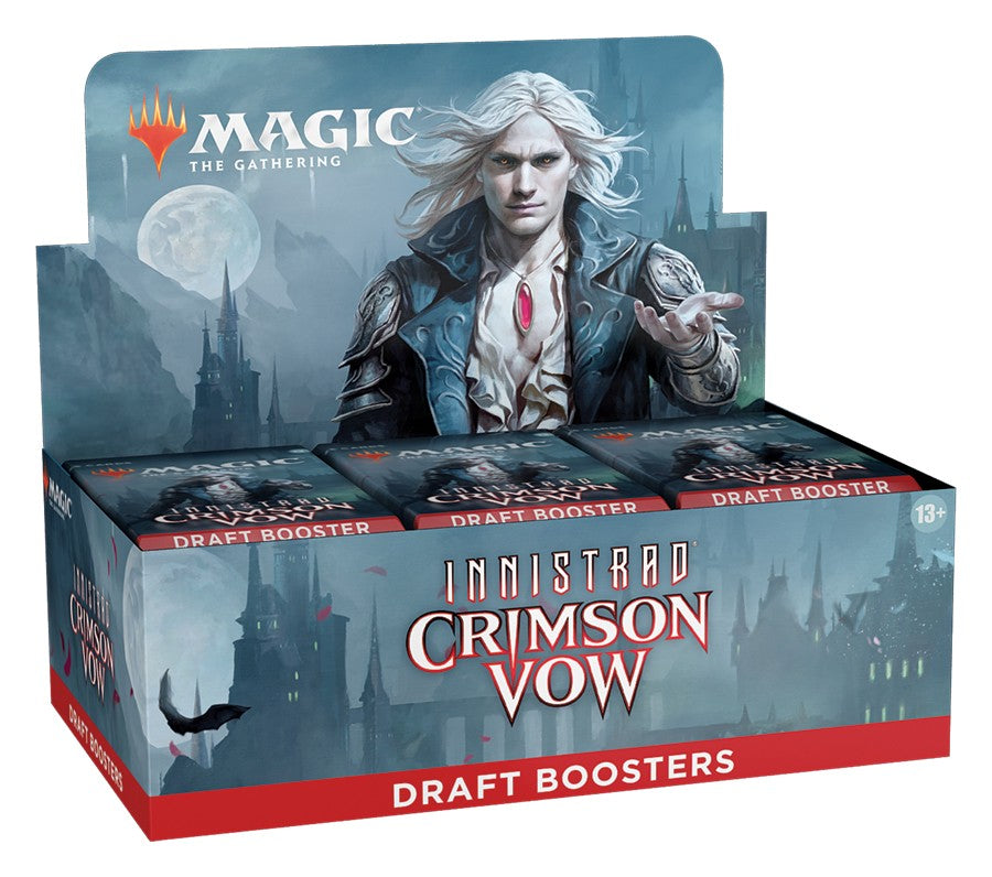 Magic: The Gathering - Innistrad - Crimson Vow Draft Booster Box - The Gathering and Innistrad Crimson Vow draft boosters text.