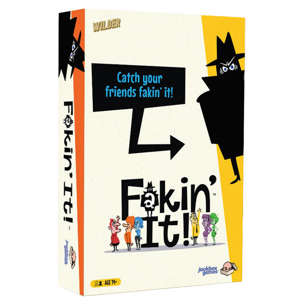 Jackbox: Fakin' It - Jackbox Fakin’ It party game box with colorful cartoon characters and bold black spy figure on white and yellow background.