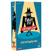Jackbox: Fakin' It (NSFW) - Blue rectangular game box featuring a black cartoon dog holding a red sign saying "All Night Long" with white text "Fakin'.