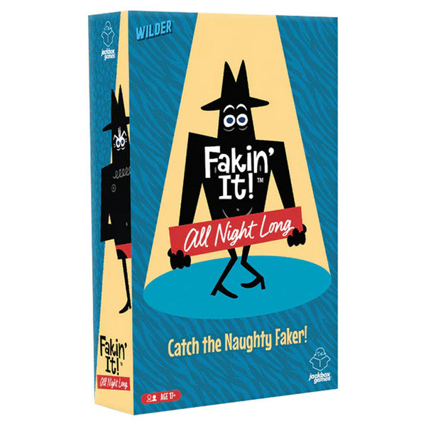 Jackbox: Fakin' It (NSFW) - Blue rectangular game box featuring a black cartoon dog holding a red sign saying "All Night Long" with white text "Fakin'.