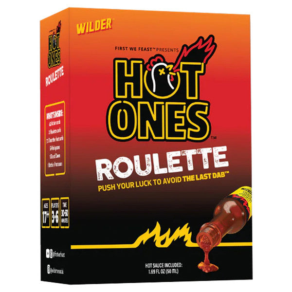 Hot Ones Roulette - Square box with red and orange gradient, bold black and yellow "Hot Ones Roulette" text, fiery chili graphic, and hot sauce.