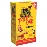 Hot Ones Truth or Dab The Game - Bright yellow rectangular box for Hot Ones Truth or Dab game with bold black and red text and a man holding a sauce bottle.
