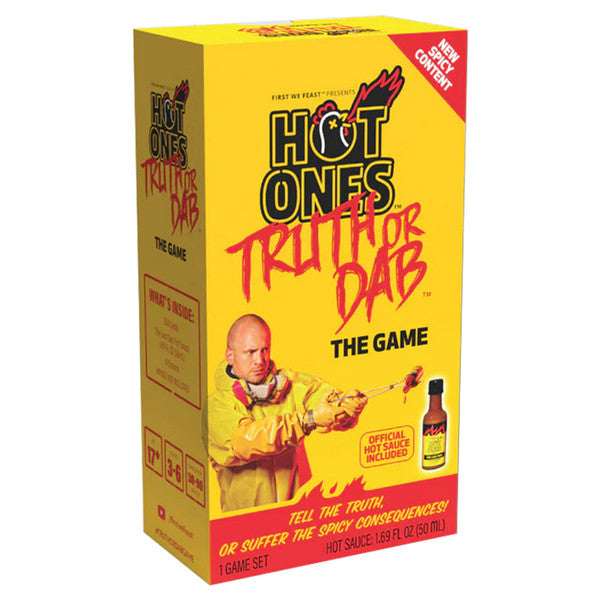 Hot Ones Truth or Dab The Game - Bright yellow rectangular box for Hot Ones Truth or Dab game with bold black and red text and a man holding a sauce bottle.