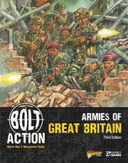Bolt Action 3: Armies of the Great Britain (PREORDER) - War scene illustration of British World War II soldiers firing rifles behind rubble walls with "Bolt Action Armies of Great.