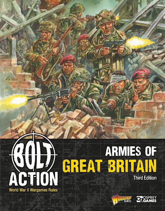 Bolt Action 3: Armies of the Great Britain (PREORDER) - War scene illustration of British World War II soldiers firing rifles behind rubble walls with "Bolt Action Armies of Great.