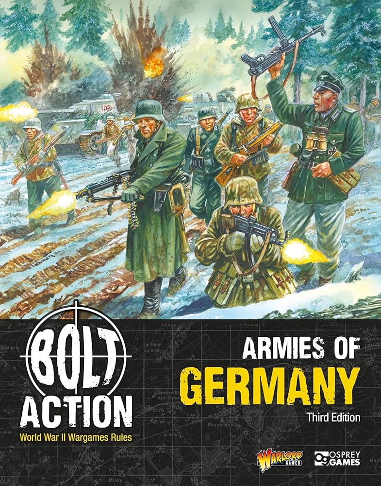 Bolt Action 3: Armies of Germany - Wargame box art showing German WWII soldiers advancing in winter gear with rifles and machine guns in snowy battlefield.