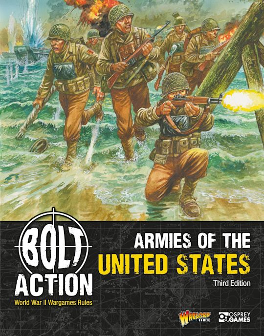 Bolt Action 3: Armies of the United States (PREORDER) - Bolt Action game box featuring illustrated World War II American soldiers in combat with rifles and machine guns by the sea.