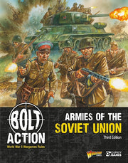 Bolt Action 3: Armies of the Soviet Union (PREORDER) - Wartime illustration of Soviet soldiers in brown uniforms and red caps advancing with weapons, tank firing in background,.