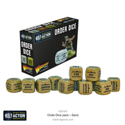 Bolt Action 3: Orders Dice - Sand (PREORDER) - Set of ten sand-colored 12-sided dice with black military-style text for Bolt Action orders.