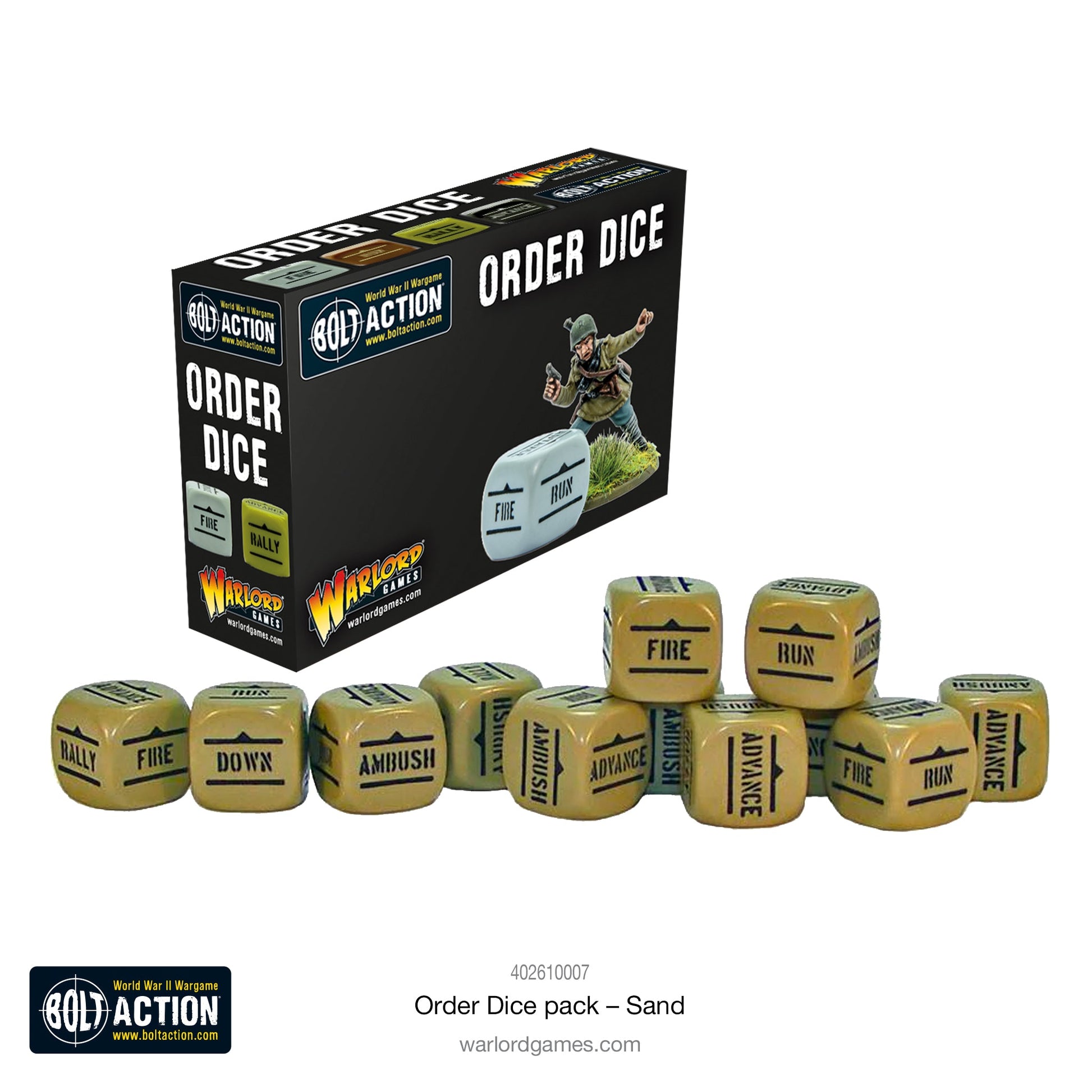 Bolt Action 3: Orders Dice - Sand (PREORDER) - Set of ten sand-colored 12-sided dice with black military-style text for Bolt Action orders.