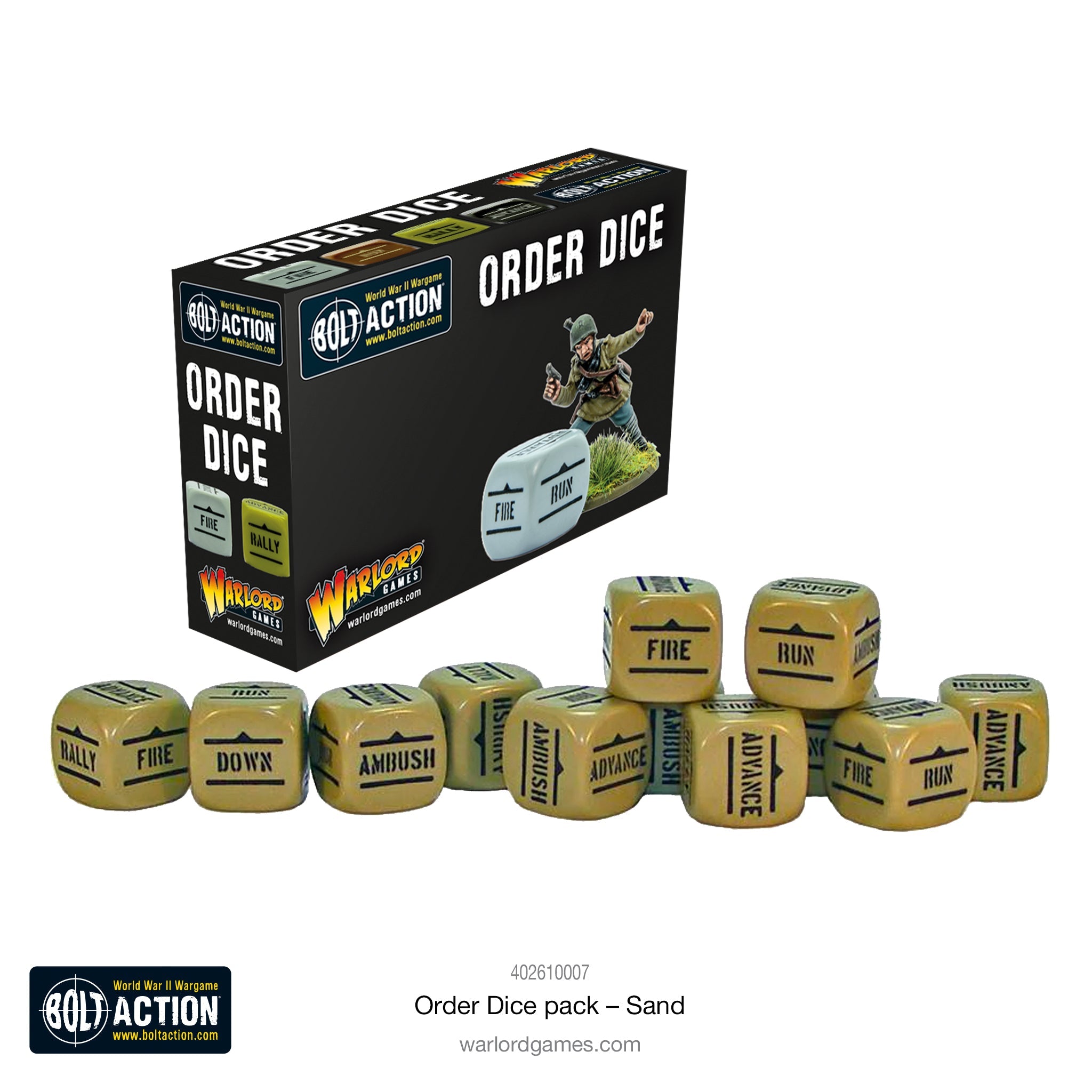 Bolt Action 3: Orders Dice - Sand (PREORDER) - Set of ten sand-colored 12-sided dice with black military-style text for Bolt Action orders.