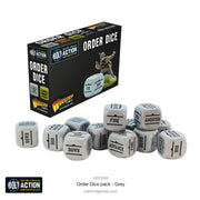 Bolt Action 3: Orders Dice - Grey (PREORDER) - Set of grey six-sided dice with black text showing military commands, displayed next to a black "Order Dice" box featuring a