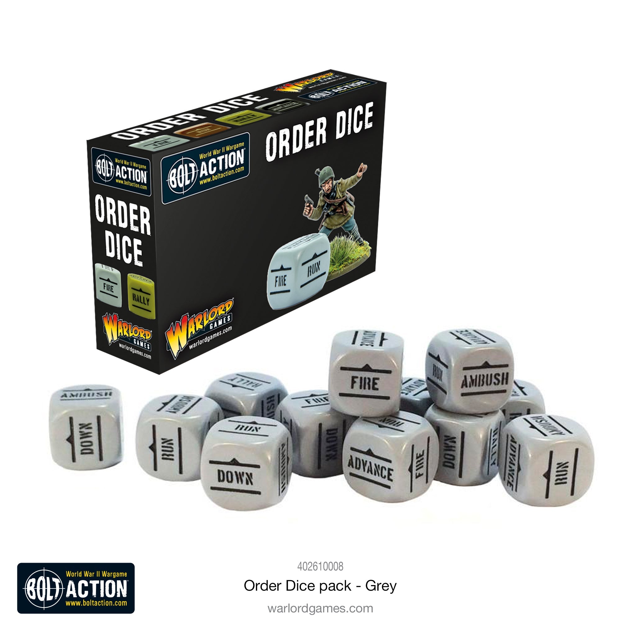 Bolt Action 3: Orders Dice - Grey (PREORDER) - Set of grey six-sided dice with black text showing military commands, displayed next to a black "Order Dice" box featuring a