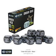 Bolt Action 3: Orders Dice - Black (PREORDER) - Set of black six-sided dice with white military command words like "Fire," "Rally," and "Attack," displayed alongside a.
