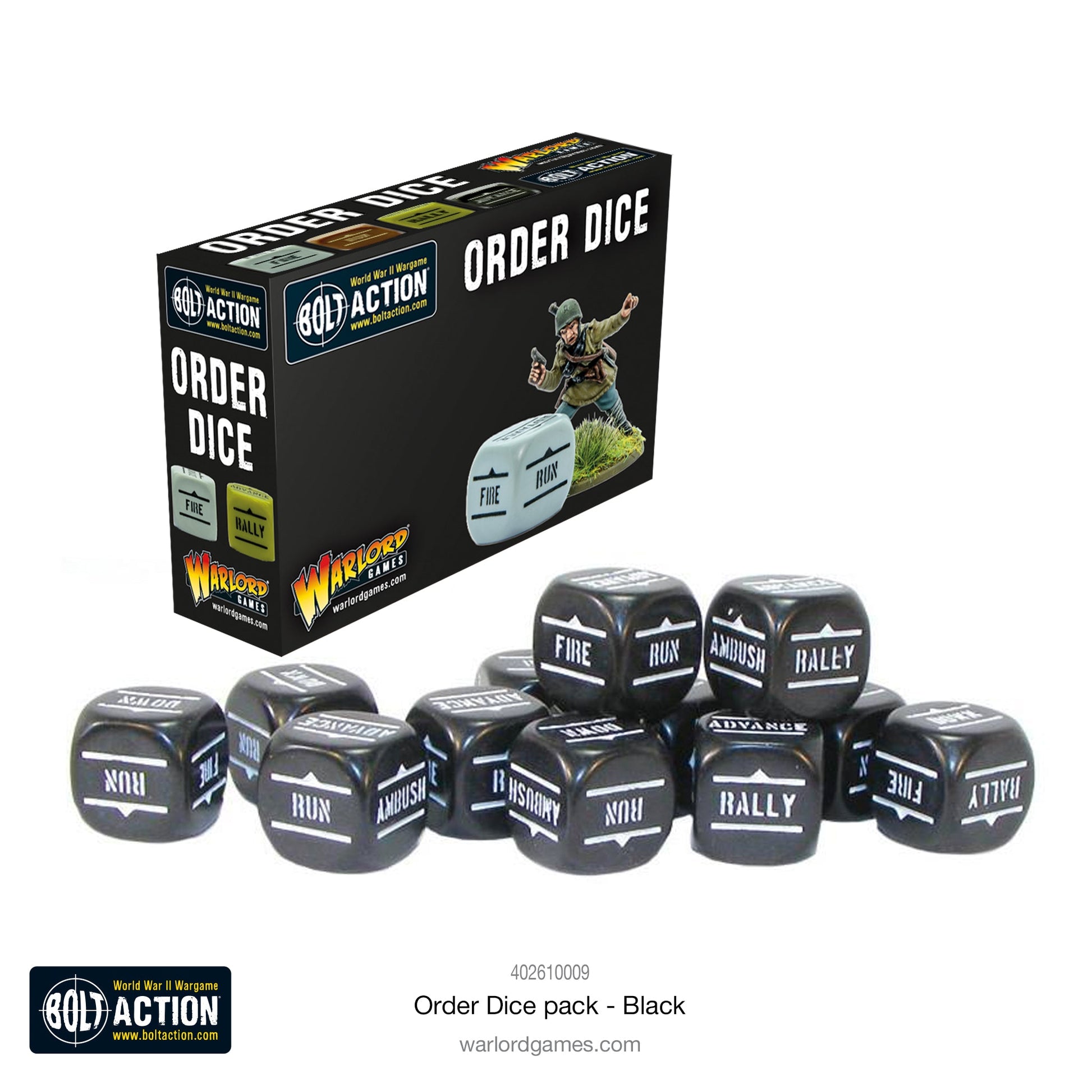 Bolt Action 3: Orders Dice - Black (PREORDER) - Set of black six-sided dice with white military command words like "Fire," "Rally," and "Attack," displayed alongside a.