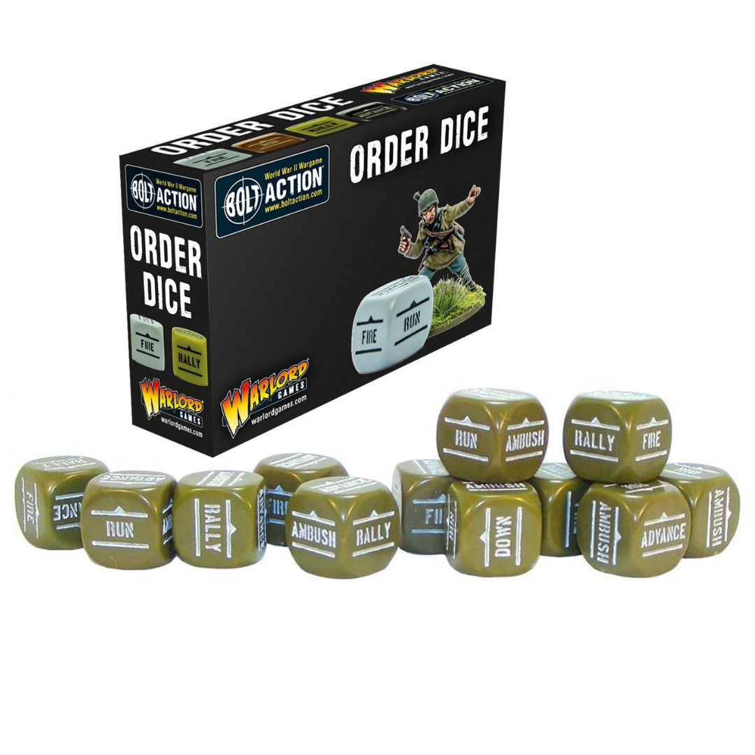 Bolt Action 3: Orders Dice - Olive Drab (PREORDER) - Set of ten olive drab six-sided dice with white military-style text for Bolt Action orders, displayed alongside black and.
