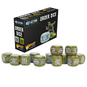 Bolt Action 3: Orders Dice - Olive Drab (PREORDER) - Set of ten olive drab six-sided dice with white military-style text for Bolt Action orders, displayed alongside black and.