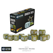 Bolt Action 3: Orders Dice - Green (PREORDER) - Set of olive drab six-sided dice with white military-style text, displayed next to a Bolt Action Order Dice box with soldier