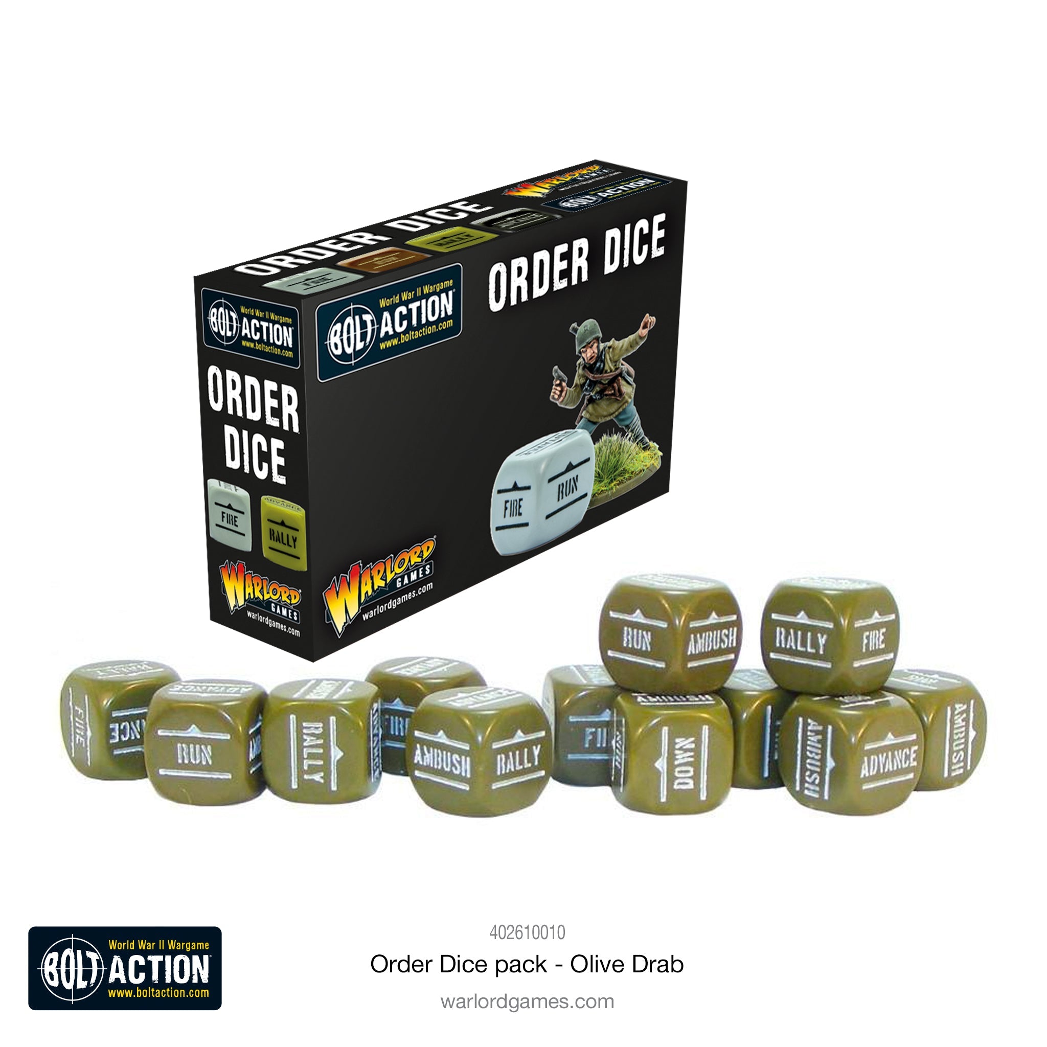 Bolt Action 3: Orders Dice - Green (PREORDER) - Set of olive drab six-sided dice with white military-style text, displayed next to a Bolt Action Order Dice box with soldier